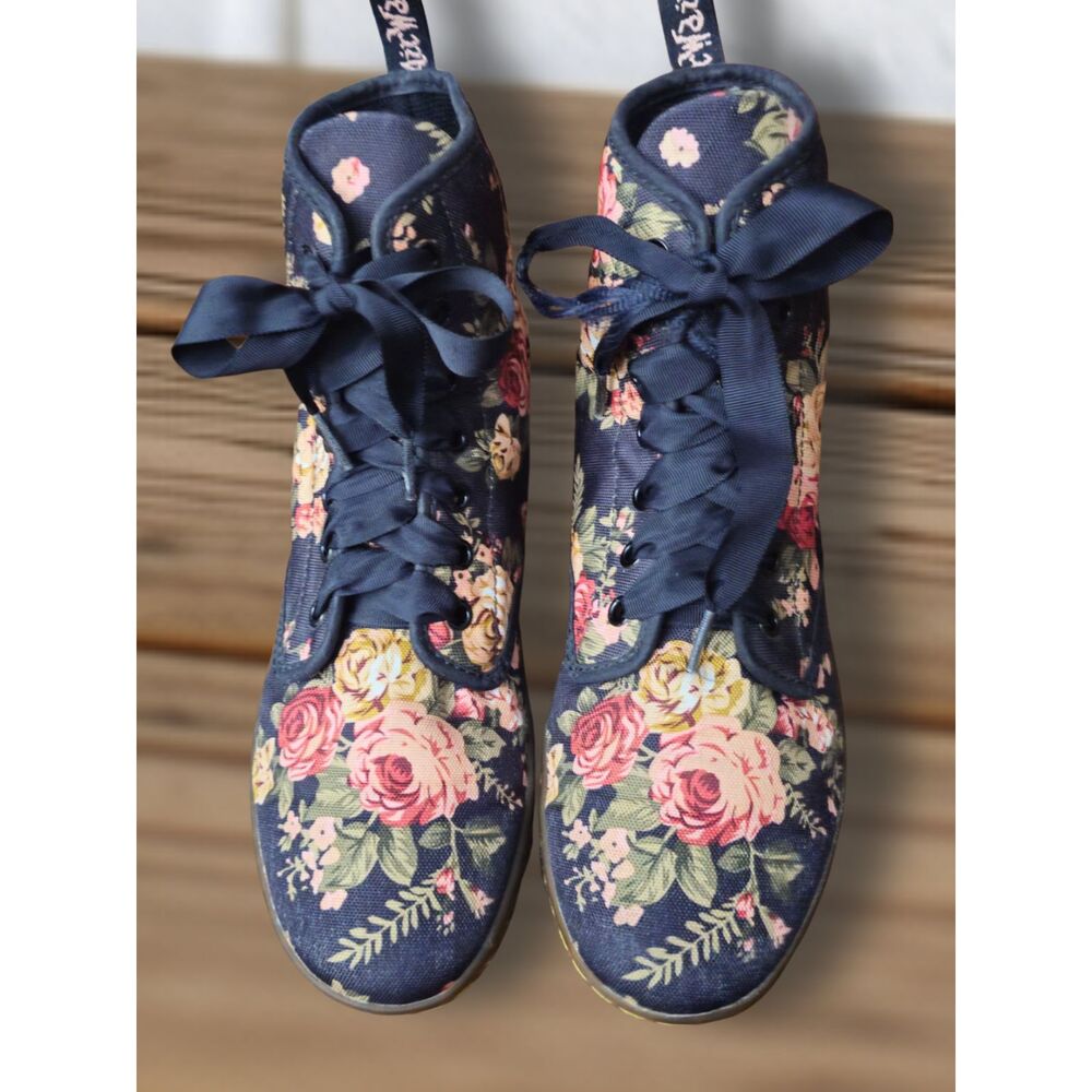 Vintage Dr Martens "1460 Pascal" Black Tapestry Floral 8-Eye Boots